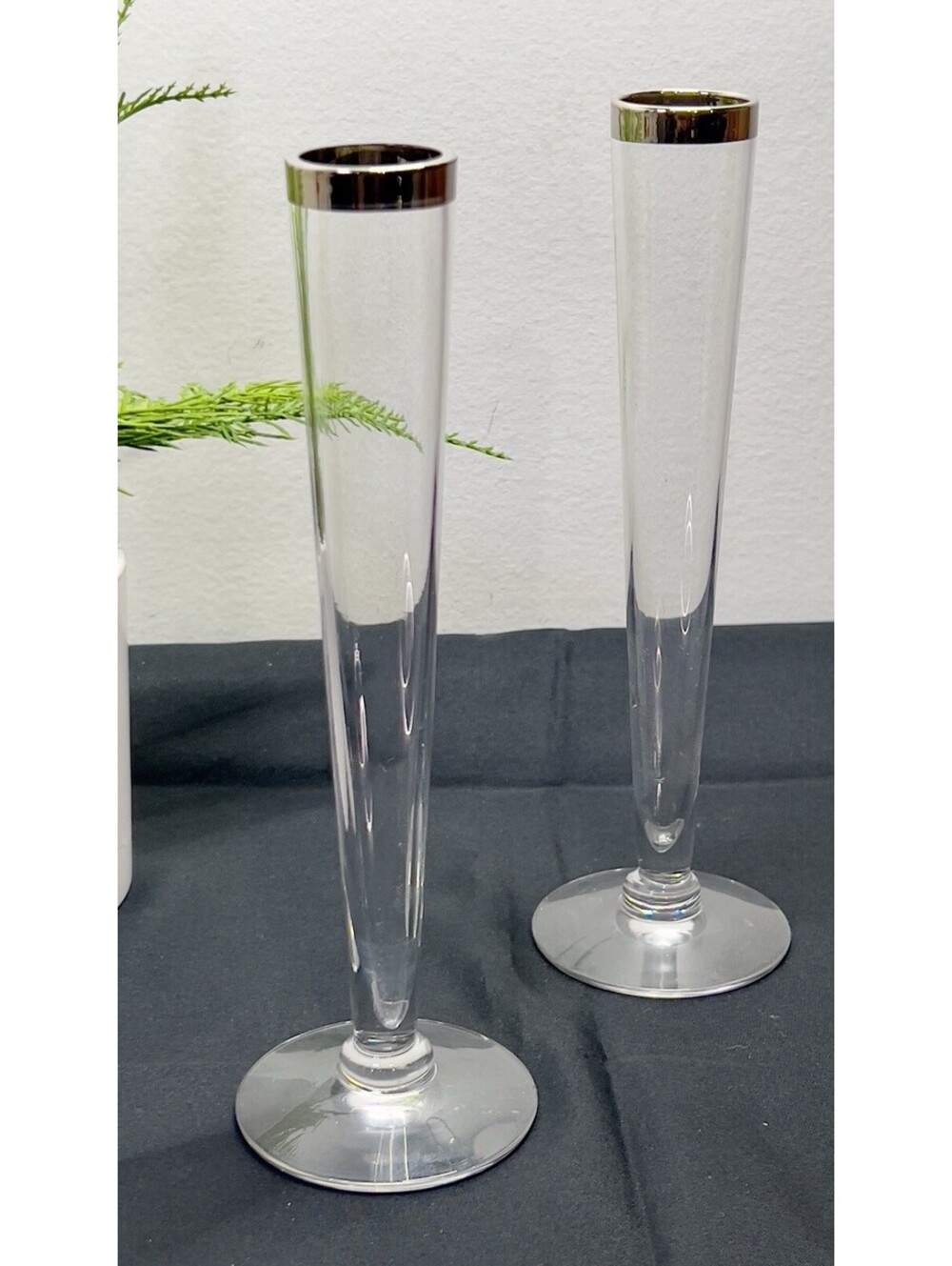 2 Vintage Mikasa  Fluted Clear Glass Bud Vases W/platinum/silver Band.